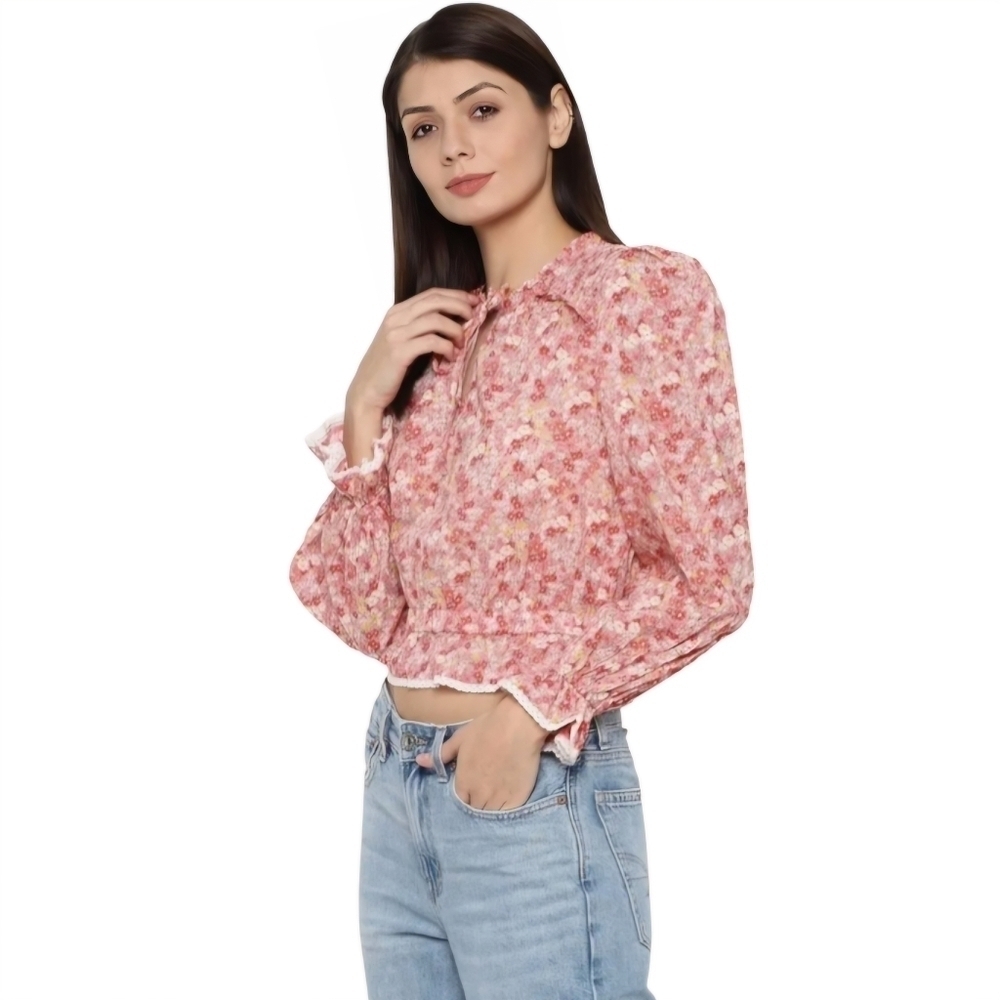 AE Women’s Smocked Floral Long Sleeve Ruffle Lace Hem Blouse, Pink Size L